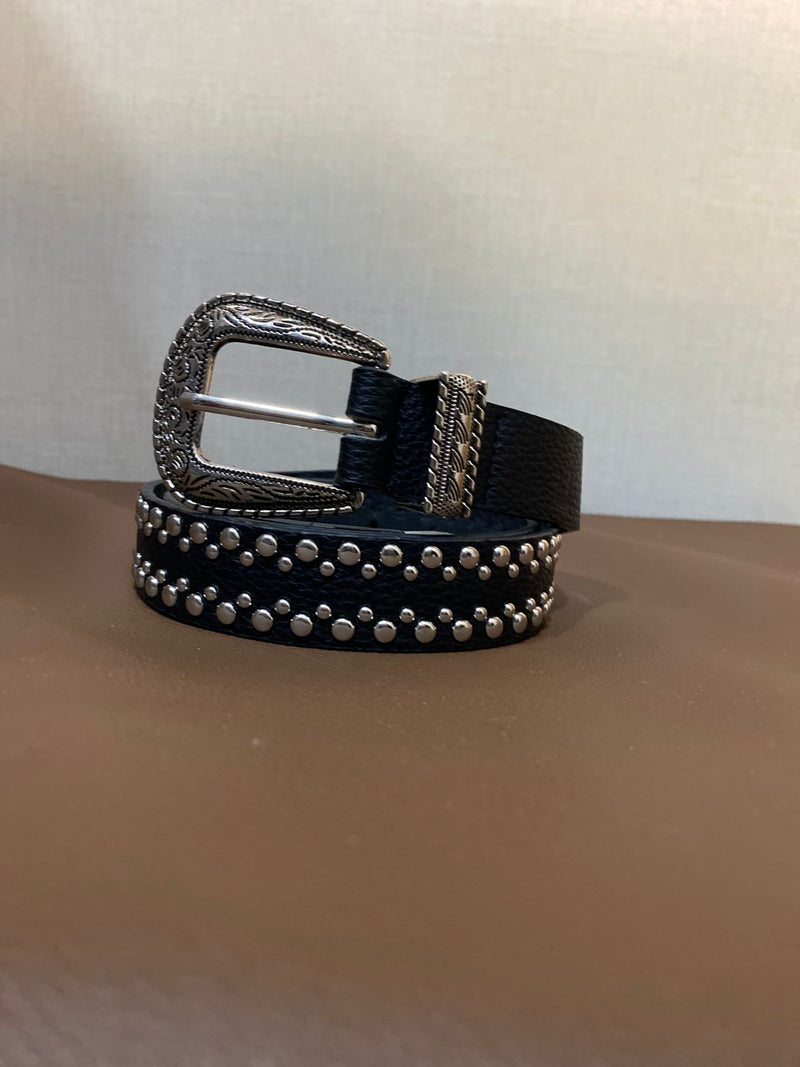 Cinto de Couro detalhado Preto C/ Fivela Detalhada