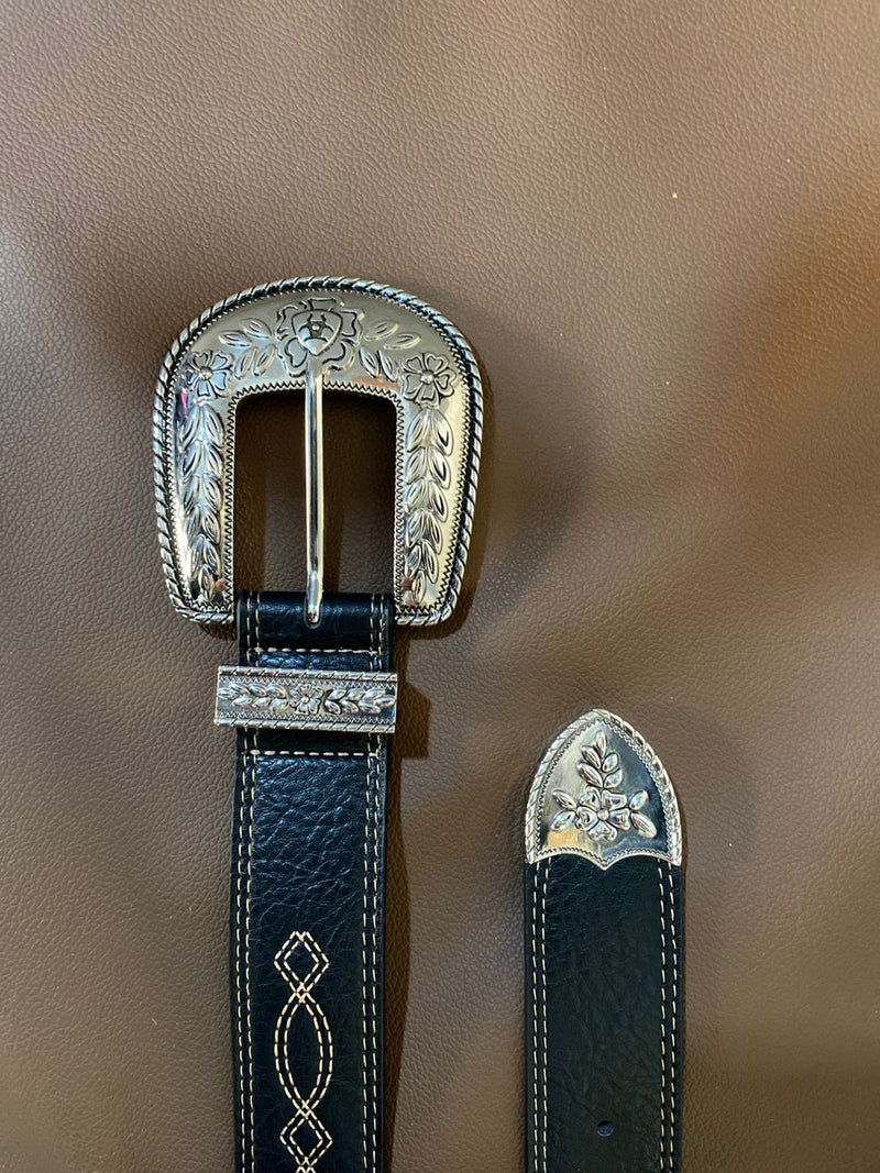 Cinto de Couro Cowboy C/ Fivela Floral Prateada