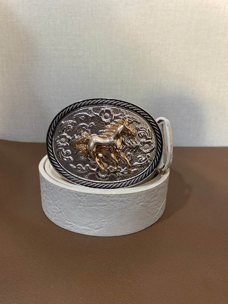 Cinto de Couro Cowboy Branco C/ Fivela Oval Cavalo