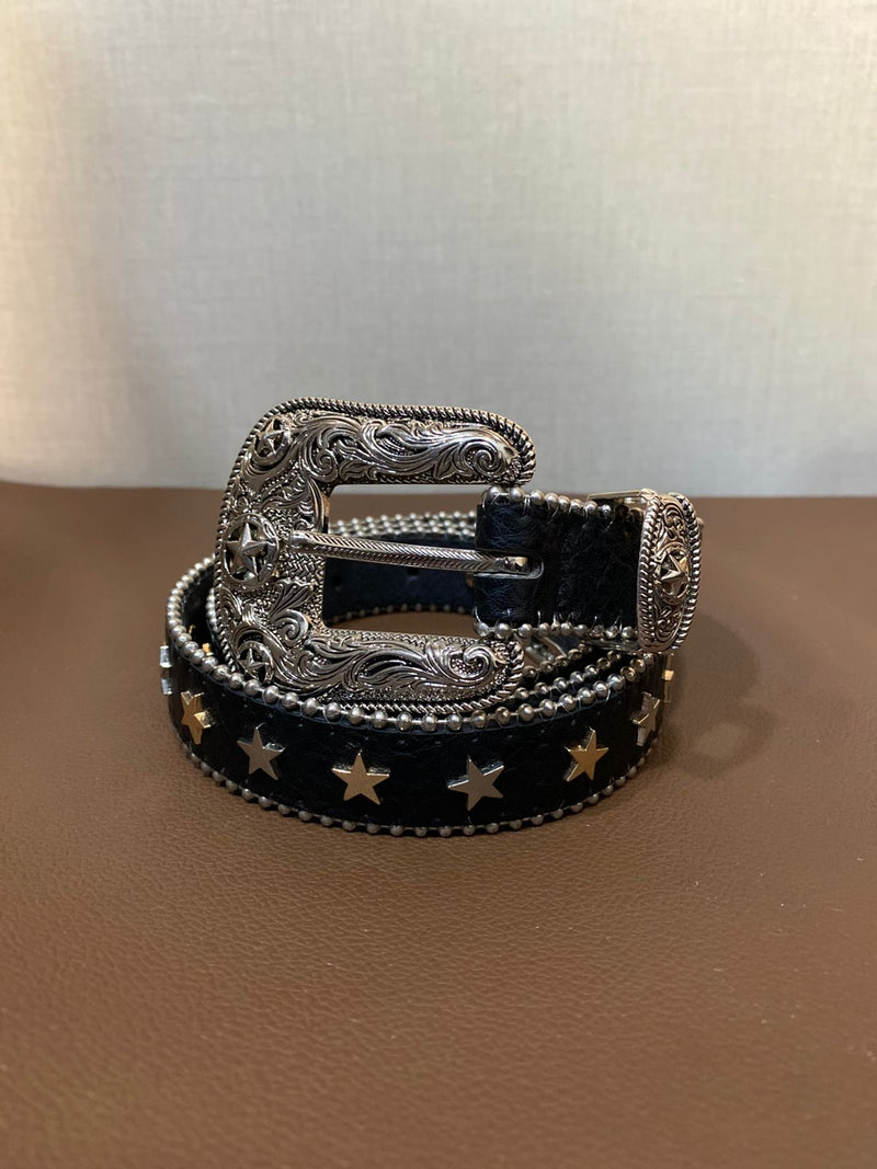 Cinto de Couro Cowboy Preto C/ Fivela Estrelada