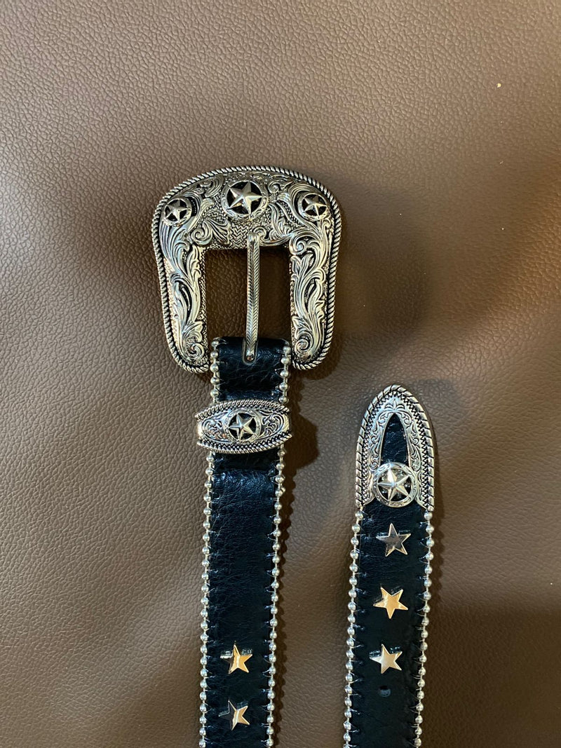 Cinto de Couro Cowboy Preto C/ Fivela Estrelada